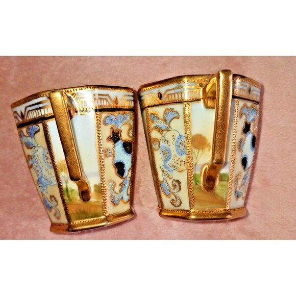 Antique Nippon Hand Painted Porcelain Chocolate Cups Marked Gold Gilt Blue - Picture 4 of 8